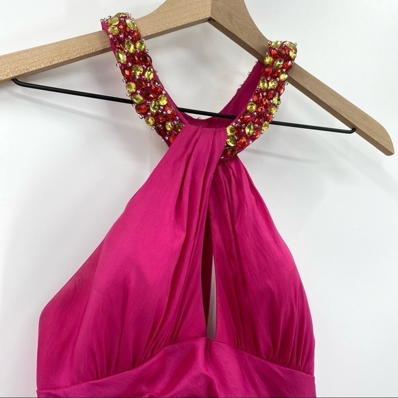 Flirt by Maggie Sottero Jeweled Y-Back Fuchsia Pink Ruched Gown Size 0 - Picture 3 of 9